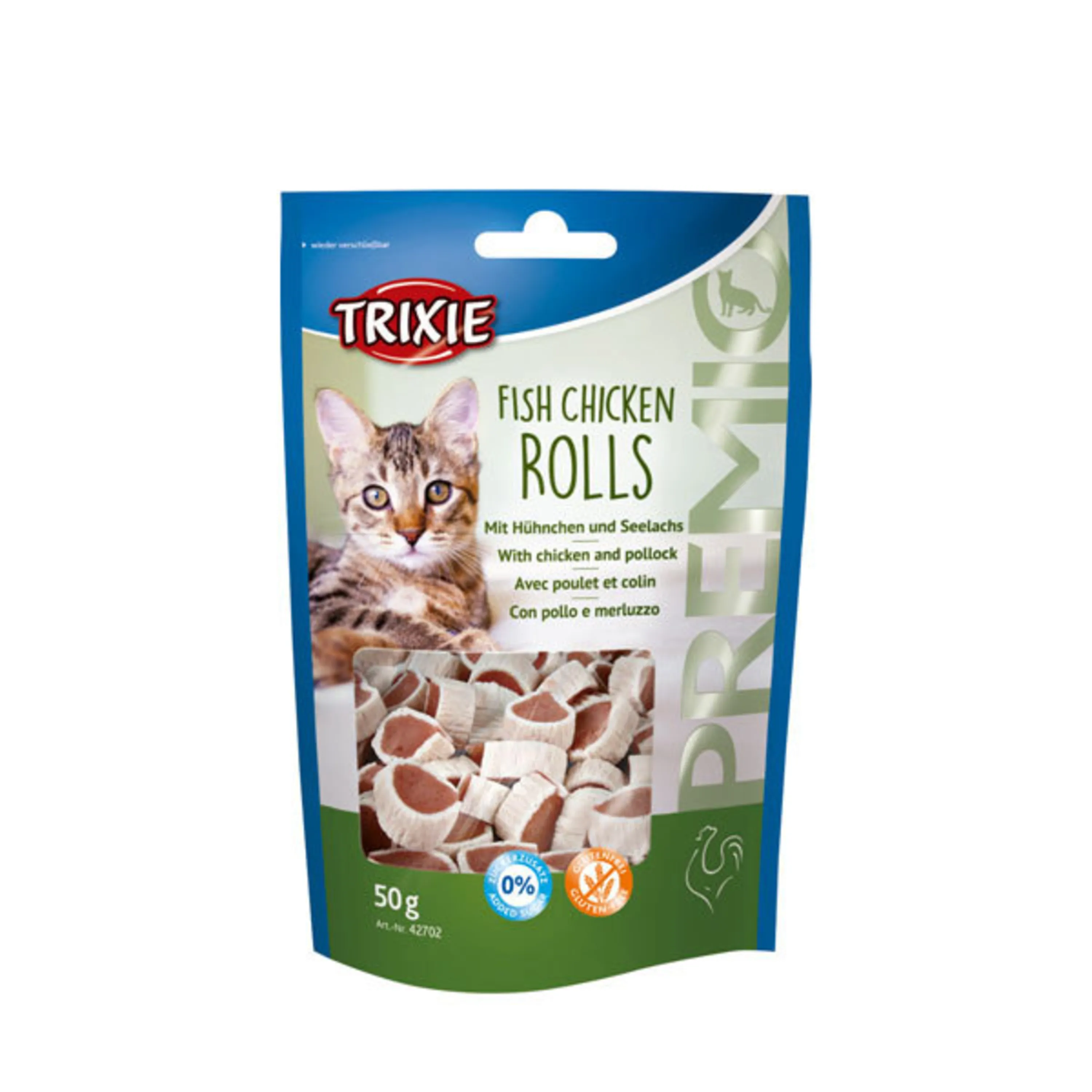 تشویقی گربه با طعم ماهی و مرغ تریکسی – PREMIO Fish Chicken Rolls